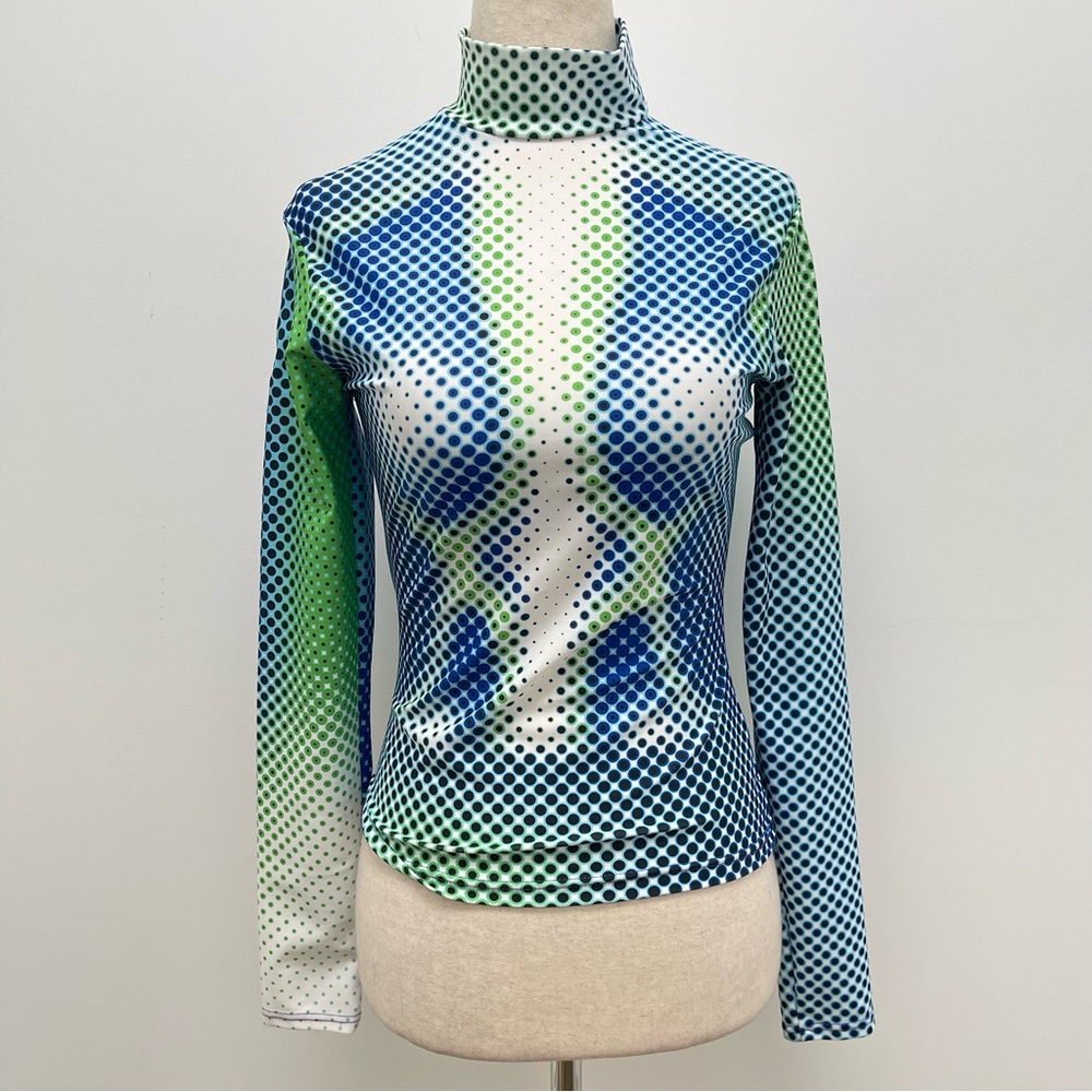 Sinead Gorey Digitally Printed Long Sleeve Mock Neck Blue Green Top - Picture 2 of 10